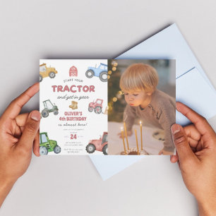 Invitación tractor fotográfico personalizado de cuarto cumple