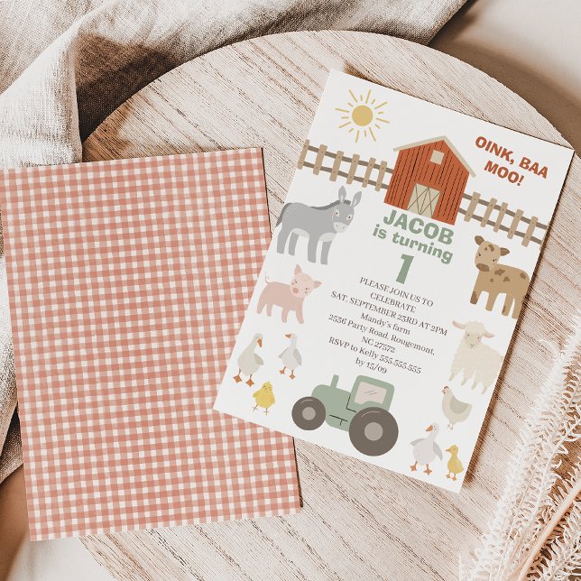Invitación Tractor moderno Oink Baa Moo 1ª granja Cumpleaños (Modern green tractor farm themed first birthday invitation featuring various farm animals.)