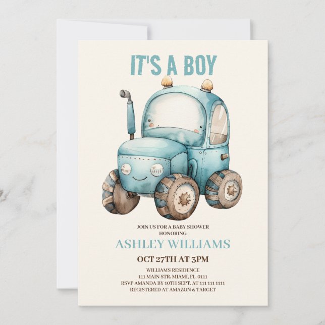 Invitación Tractor Niño Azul Fiesta de Bebé  (Anverso)