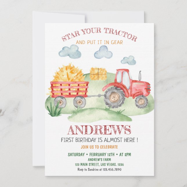 Invitación Tractor Rojo cualquier edad, cumpleaños (Anverso)