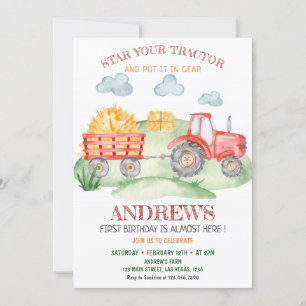 Invitación Tractor Rojo cualquier edad, cumpleaños
