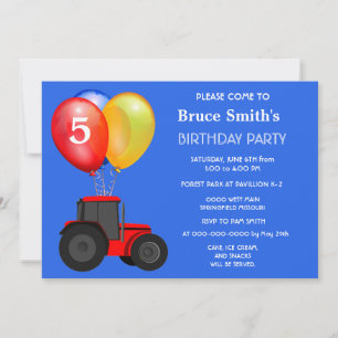Invitación Tractor rojo de cumpleaños y globos