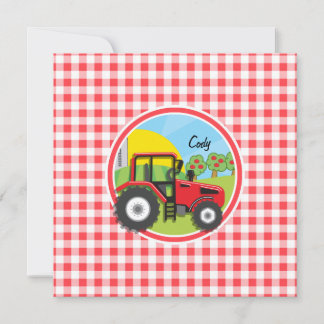 Invitación Tractor rojo en Gingham rojo y blanco