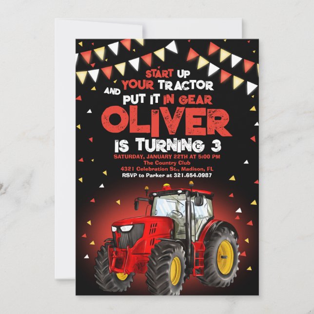 Invitación Tractor rojo tercer Fiesta de cumpleaños (Anverso)