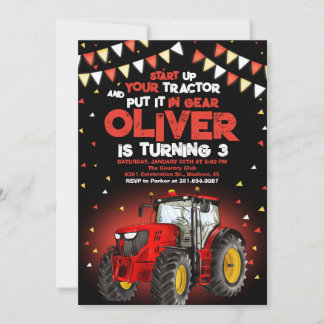 Invitación Tractor rojo tercer Fiesta de cumpleaños