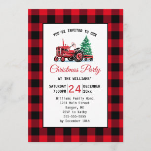 Invitación Tractor rojo vintage con Fiesta de Navidades de ár