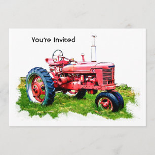 Invitación Tractor rojo vintage en el campo
