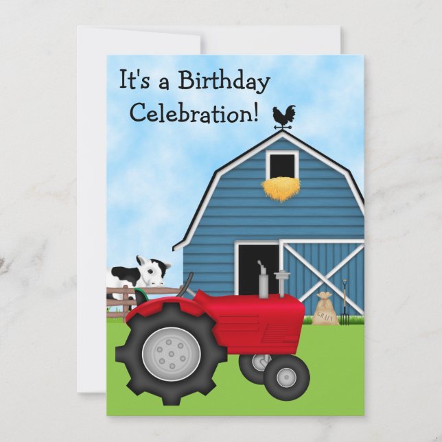 Invitación Tractor rojo y cumpleaños de granero azul invitan  (Anverso)