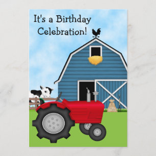Invitación Tractor rojo y cumpleaños de granero azul invitan 