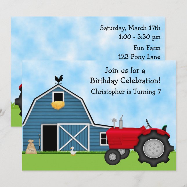 Invitación Tractor rojo y fiesta de cumpleaños de la granja d (Anverso / Reverso)