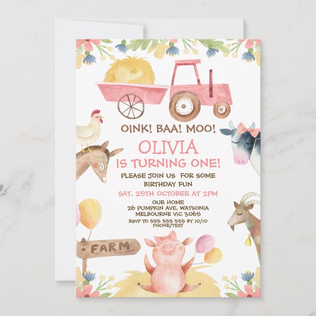 Invitación Tractor rosa Globos Granja Animales 1er cumpleaños (Anverso)