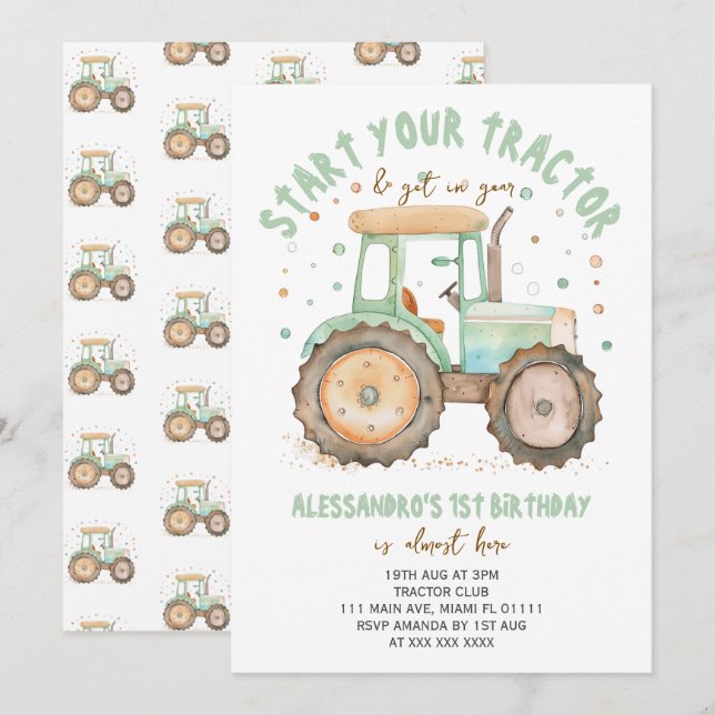 Invitación Tractor Verde 1er Cumpleaños (Anverso / Reverso)
