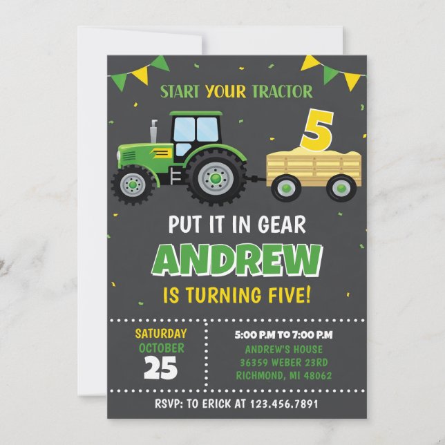 Invitación Tractor Verde Amarillo Cumpleaños Personalizado (Anverso)