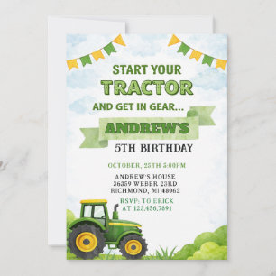 Invitación Tractor Verde de Granja Personal Cumpleaños