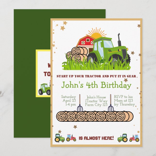 Invitación Tractor verde | Fiesta de cumpleaños temática de l (Anverso / Reverso)