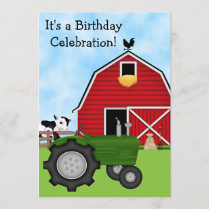 Invitación Tractor verde lindo, granero rojo y granja de vaca