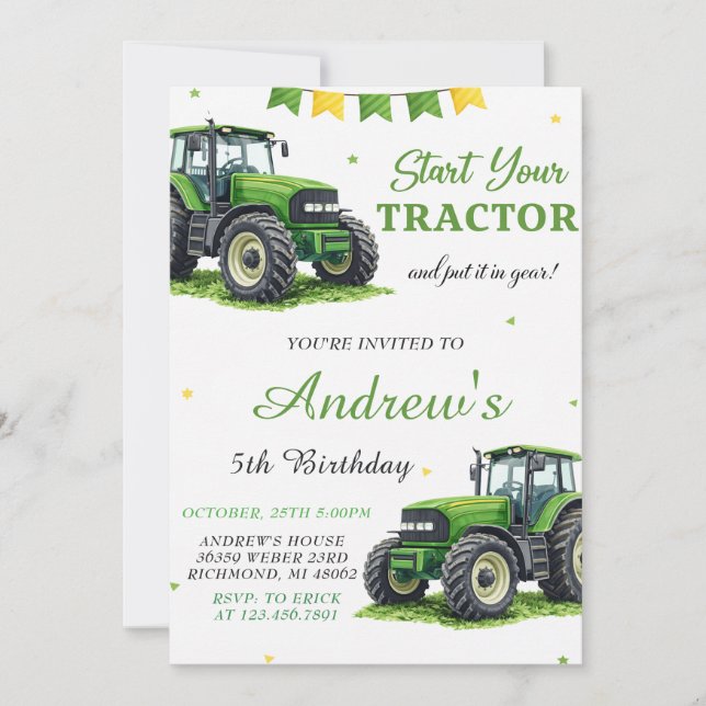 Invitación Tractor Verde Moderno de Cumpleaños Personalizado (Anverso)