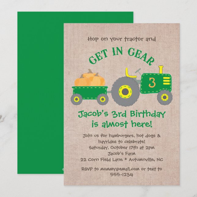 Invitación Tractor verde y calabazas caen Fiesta de cumpleaño (Anverso / Reverso)