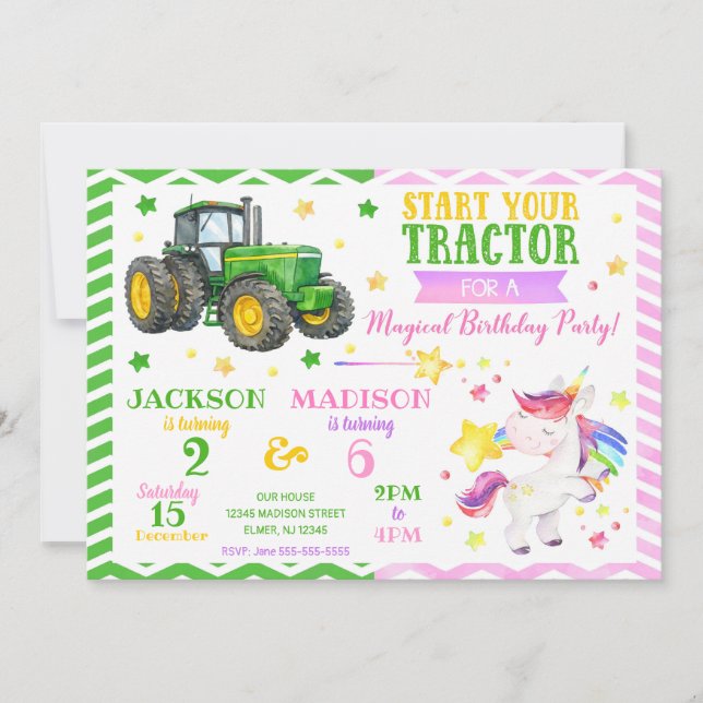 Invitación Tractor Verde y Cumpleaños Compartido de Unicornio (Anverso)
