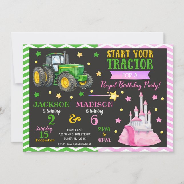 Invitación Tractor Verde y la Princesa Cumpleaños Compartido (Anverso)