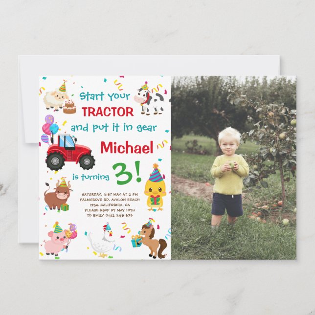 Invitación Tractor y animales de granja | Cumpleaños de la fo (Anverso)