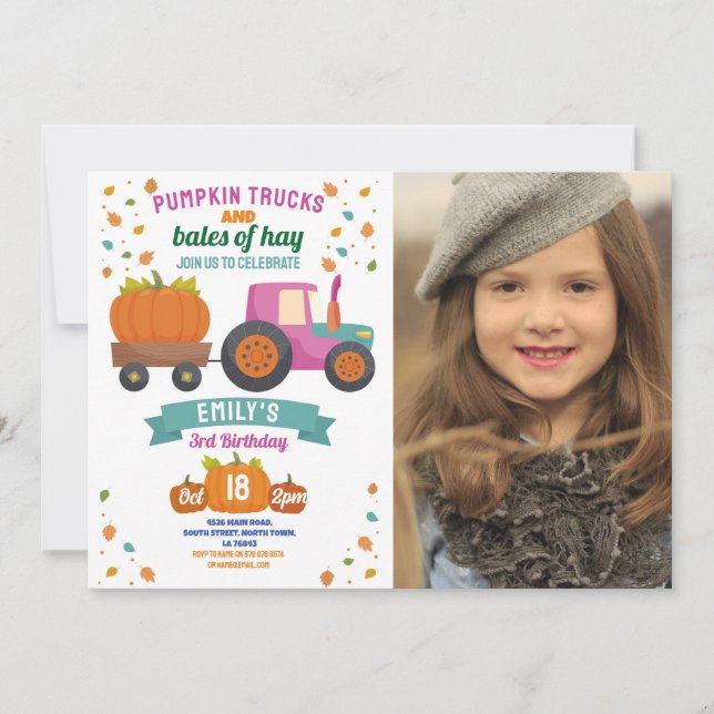 Invitación Tractores Calabaza Chicas del partido de cumpleaño (Anverso)