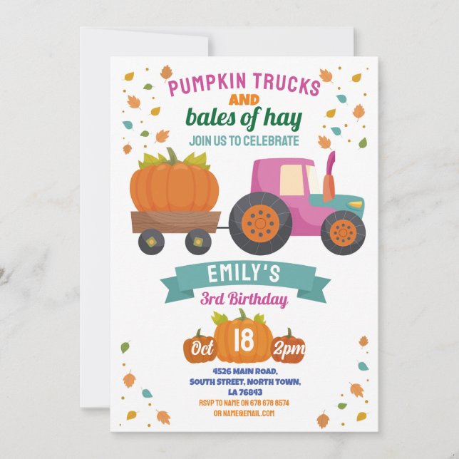 Invitación Tractores Calabaza Cumpleaños Cosecha Fiestas Chic (Anverso)