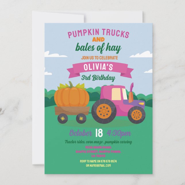 Invitación Tractores de calabaza Chicas de Birthday Harvest F (Anverso)
