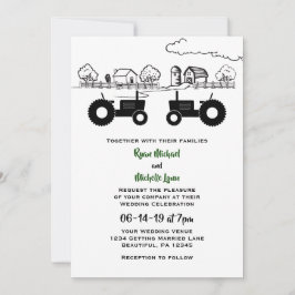 Invitación Tractores de silueta y negro de granja - Boda blan