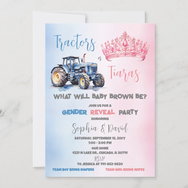Invitación Tractores o Fiesta de revelación de género tiaras (Anverso)