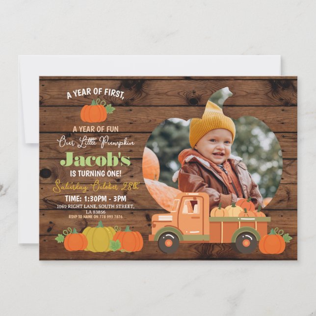 Invitación Tractores Pumpkins Cumpleaños 1Fotos Niños Uno (Anverso)