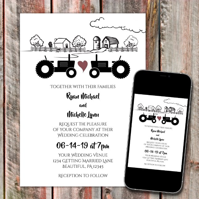Invitación Tractors in LOVE Black and White Farm Wedding (Subido por el creador)