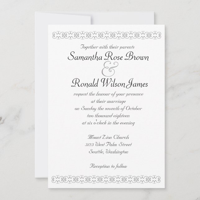 Invitación tradicional a la boda blanca y negra (Anverso)