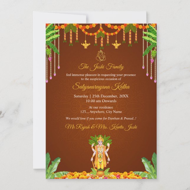 Invitación tradicional a la Pooja de Satyanarayana (Anverso)