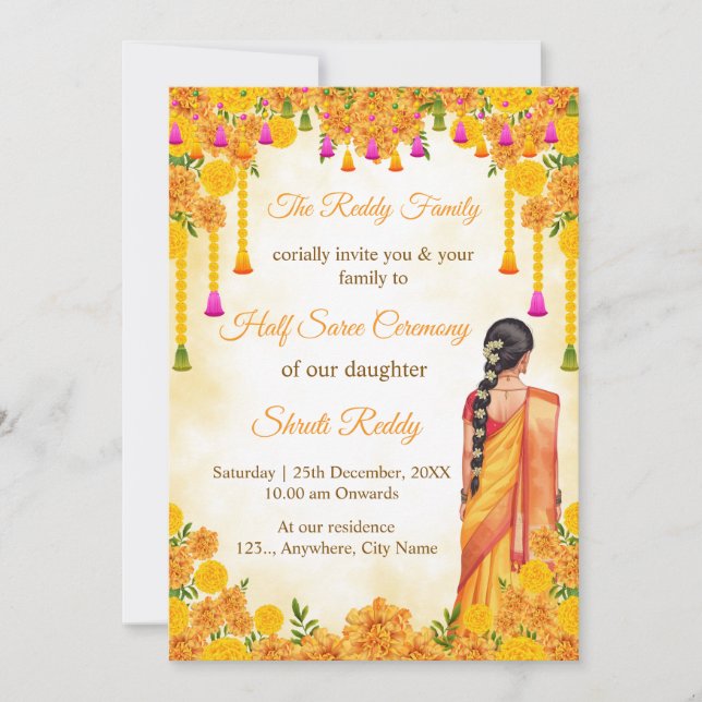 Invitación tradicional de ceremonia de medio saree (Anverso)