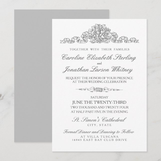 Invitación Tradicional elegante | Boda Gris de Versalles (Anverso / Reverso)