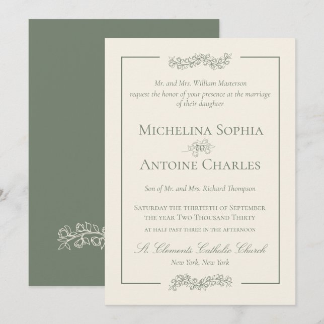 Invitación Tradicional Formal Elegante Verde Sage | Boda (Anverso / Reverso)