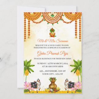 Invitación tradicional india a la puja de Griha Pr