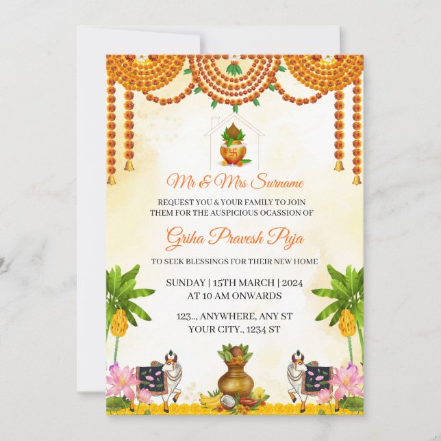 Invitación tradicional india a la puja de Griha Pr (Anverso)