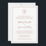 Invitación Tradicional Terracota Elegante Todo En Un Boda<br><div class="desc">Invitación simple a la boda con su monograma en un círculo en la parte superior y los detalles de su boda rodeados de un borde delgado. Sus nombres están en una elegante letra manuscrita. Todos los elementos de diseño son tonos de terracota / naranja quemado / tierra rojada sobre un...</div>