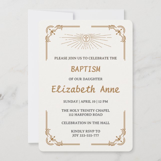 Invitación Traditional Baptism for Daughter Gold Cross (Anverso)