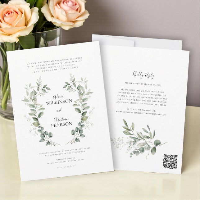 Invitación Traditional Botanical Greenery Wedding QRCode RSVP (Subido por el creador)