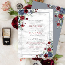 Traditional Dusty Blue Burgundy Floral Wedding Inv