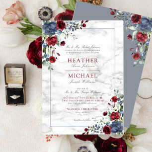 Invitación Traditional Dusty Blue Burgundy Floral Wedding Inv