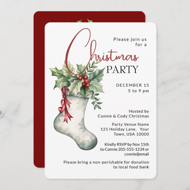 Invitación Traditional Holiday Stocking CHRISTMAS PARTY (Anverso / Reverso)
