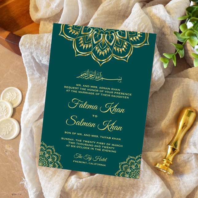 Invitación Traditional Sea Green Gold Motif Islamic Wedding (Subido por el creador)