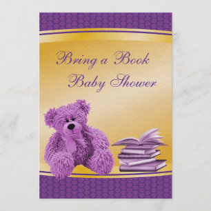 Invitación Trae un libro morado de peluche y corazones Baby S