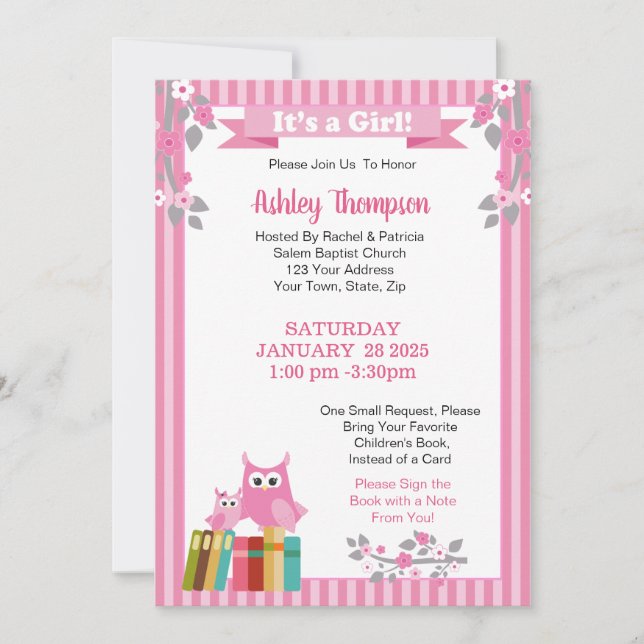 Invitación Traer un libro de Lechuzas Rosadas Baby Shower con (Anverso)