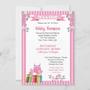 Invitación Traer un libro de Lechuzas Rosadas Baby Shower con