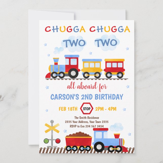 Invitación Train Birthday Invite Chugga Chugga Two Two Train (Anverso)